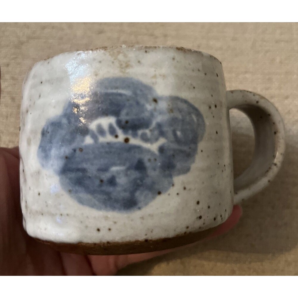 Art Pottery Coffee Mug Hand thrown Salt Glaze Small Floral Speckled 2.5 In Gray